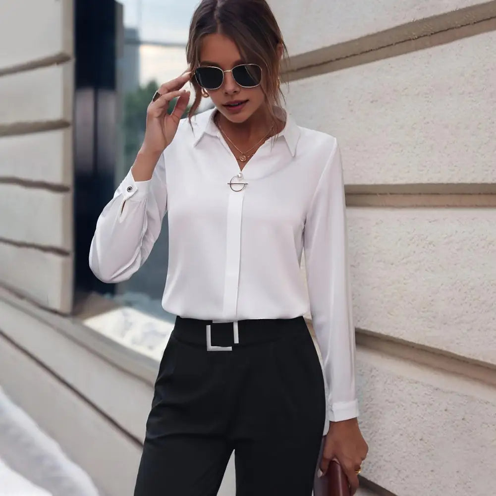 Women’s Chiffon Blouse | Classic Folded Collar, Long Sleeves & Versatile for Office or Casual Wear