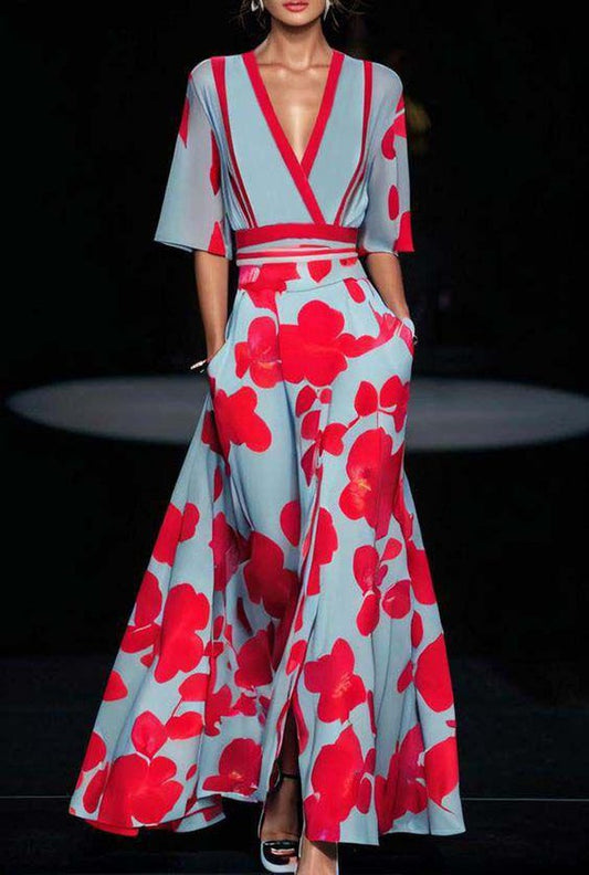 Women's Floral Print V-Neck Maxi Dress with Pockets & Elbow Sleeves - Comfortable Casual Dress for Women