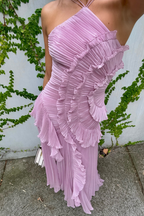 Women's Asymmetric Pleated Ruffle Dress | Halter Neckline & Flowing Skirt for Special Occasions and Stylish Evenings