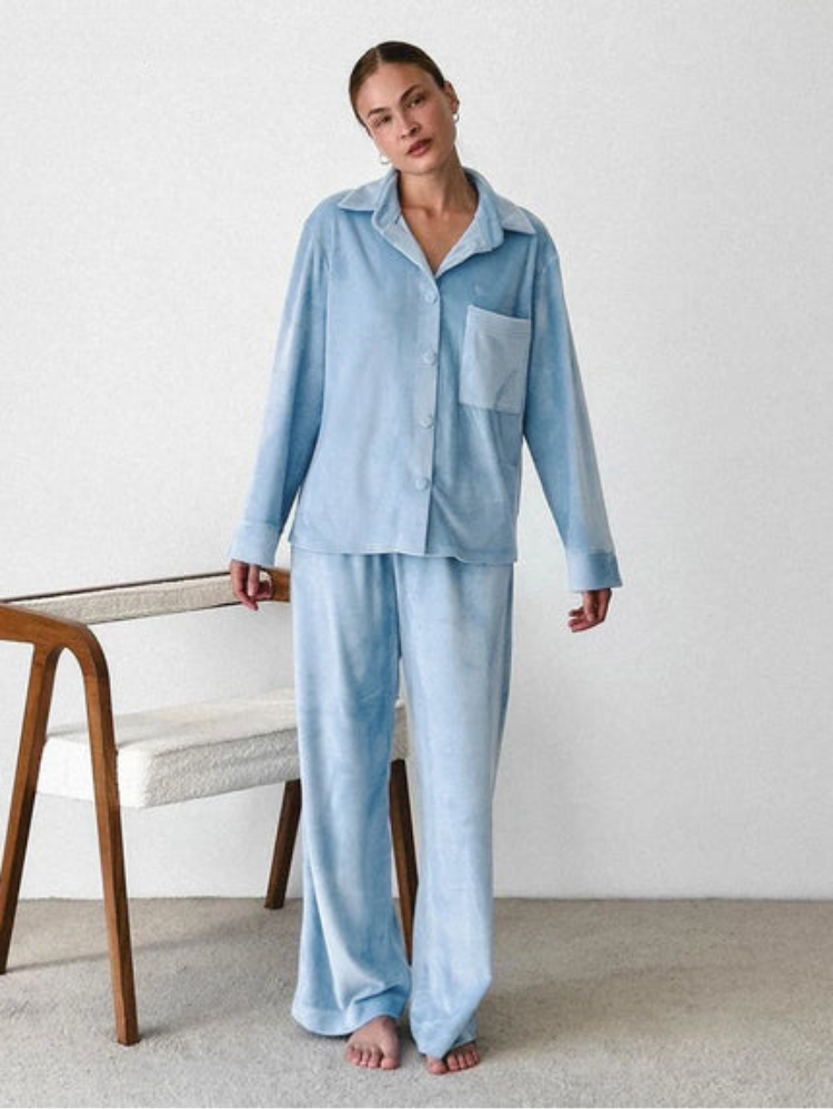 Women's Relaxed Fit 2-Piece Pyjama Set | Button-Up Shirt & Wide-Leg Trousers for Lounging and Sleep
