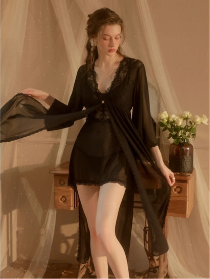 Romantic Women’s Sleepwear | Lace Negligee & Ruffle Robe Set | Nightwear