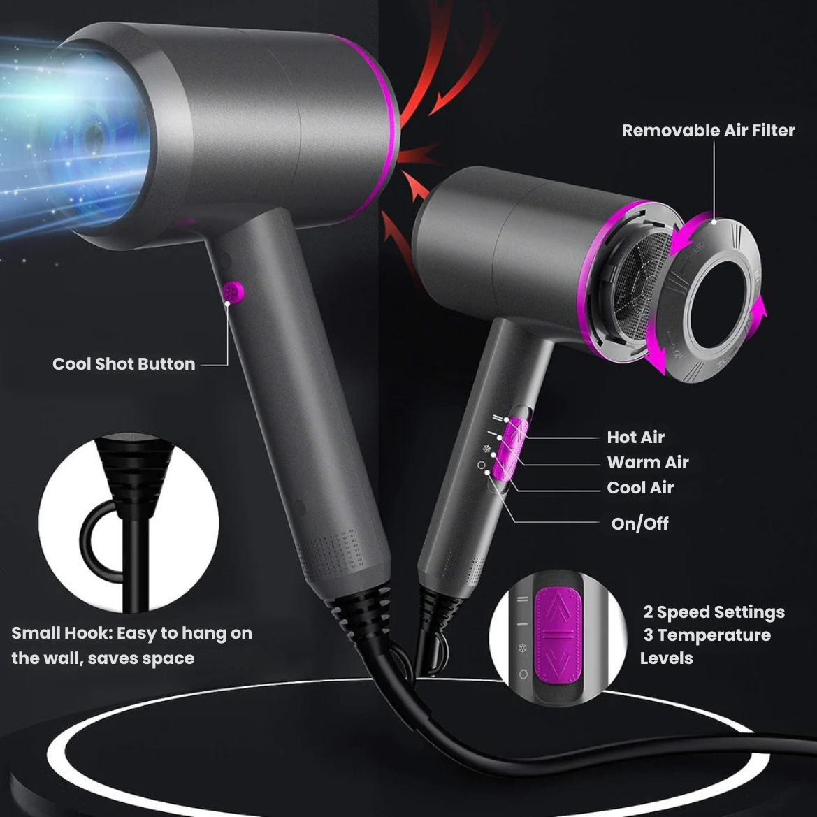 Ionic Hair Dryer with Diffuser | Lightweight, Quiet & Powerful Hair Dryer for Curls, Frizz Control & Fast Drying – Professional Styling Tool