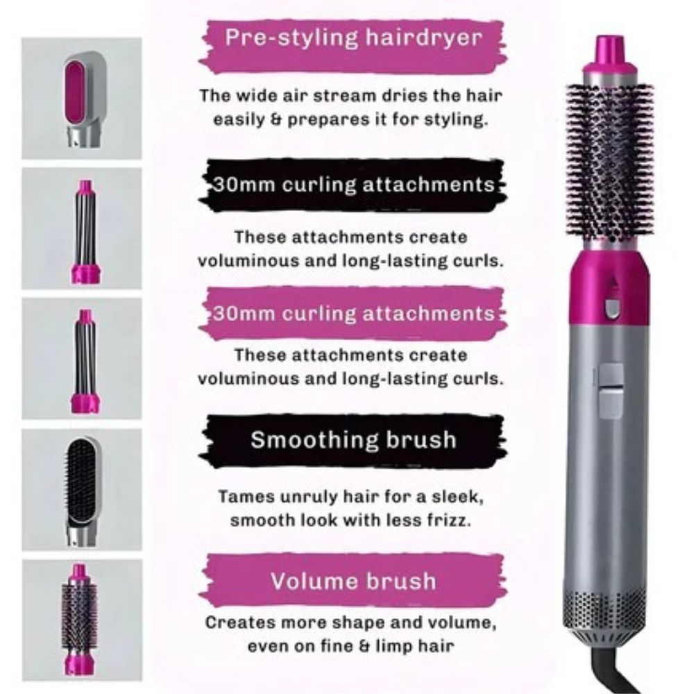 5-in-1 Hair Styler & Curling Iron | Hot Air Brush Multistyler with Attachments for Waves, Volume & Curls – Fast Heat, Easy for Beginners