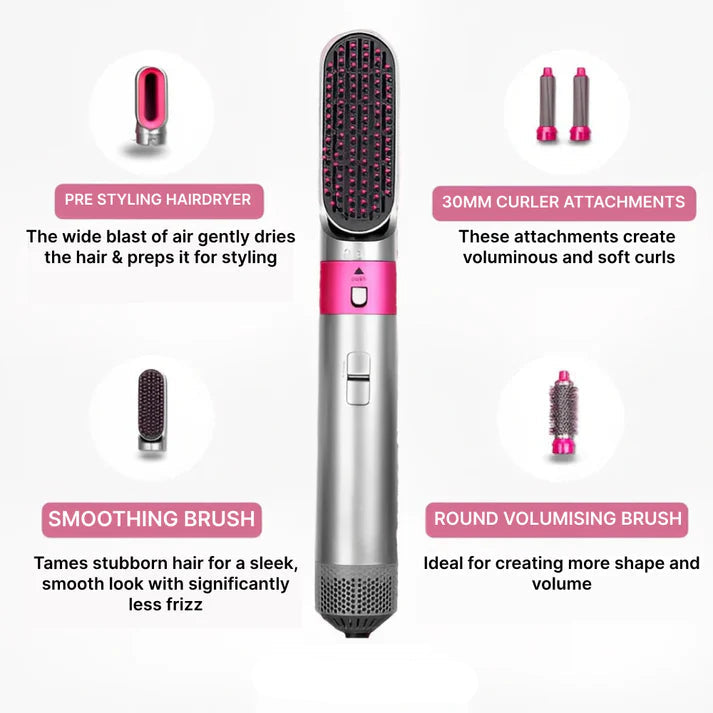 5-in-1 Hair Styler & Curling Iron | Hot Air Brush Multistyler with Attachments for Waves, Volume & Curls – Fast Heat, Easy for Beginners