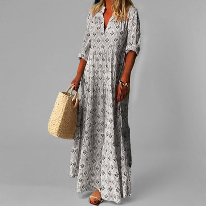 Women’s Lightweight Maxi Dress – Loose Fit – V-Neck – Vintage Print – 3/4 Sleeve