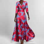 Women's Floral Print V-Neck Maxi Dress with Pockets & Elbow Sleeves - Comfortable Casual Dress for Women