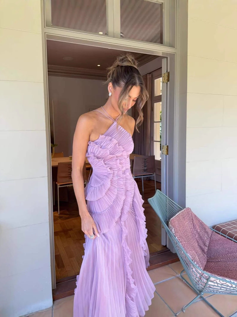 Women's Asymmetric Pleated Ruffle Dress | Halter Neckline & Flowing Skirt for Special Occasions and Stylish Evenings
