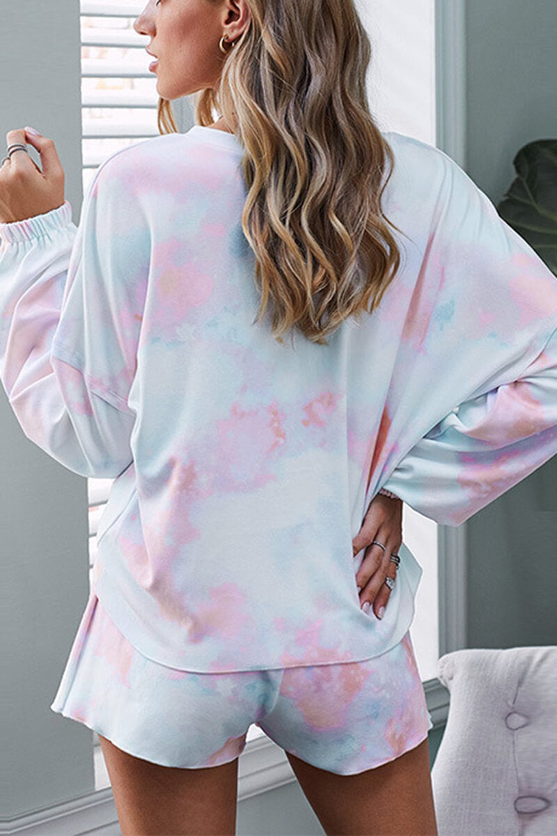 Women's Tie-Dye 2-Piece Pyjama Set | Long Sleeve Top & Drawstring Shorts for Comfortable Lounging and Sleep