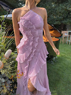 Women's Asymmetric Pleated Ruffle Dress | Halter Neckline & Flowing Skirt for Special Occasions and Stylish Evenings