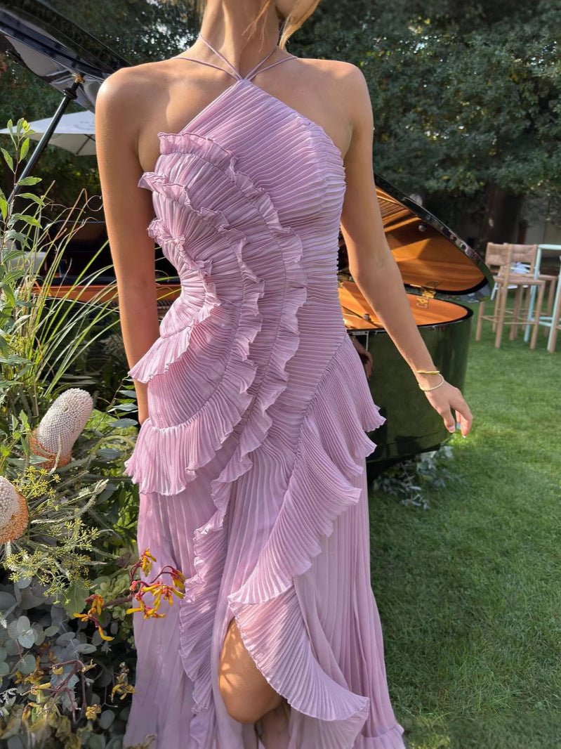 Women's Asymmetric Pleated Ruffle Dress | Halter Neckline & Flowing Skirt for Special Occasions and Stylish Evenings