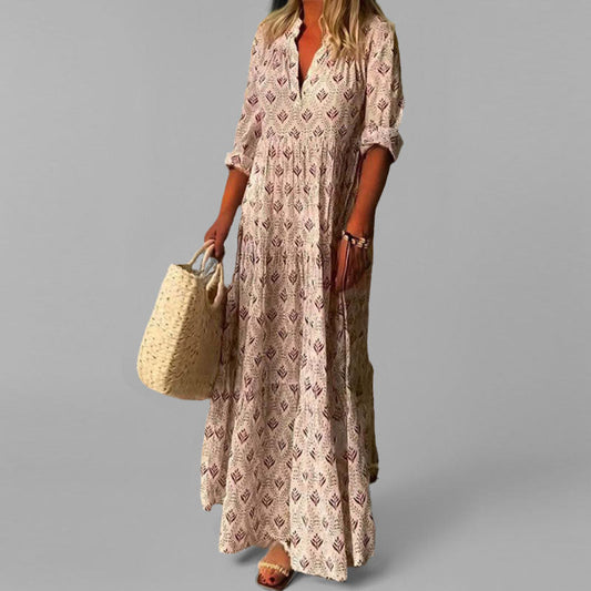 Women’s Lightweight Maxi Dress – Loose Fit – V-Neck – Vintage Print – 3/4 Sleeve