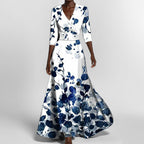 Women's Floral Print V-Neck Maxi Dress with Pockets & Elbow Sleeves - Comfortable Casual Dress for Women