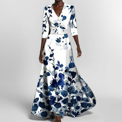 Women's Floral Print V-Neck Maxi Dress with Pockets & Elbow Sleeves - Comfortable Casual Dress for Women