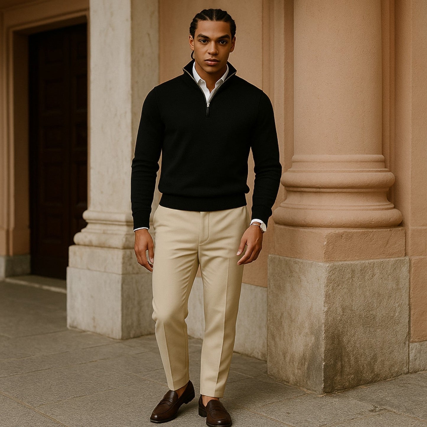 Men's Cashmere Pullover Jumper with Half Zip and Long Sleeves
