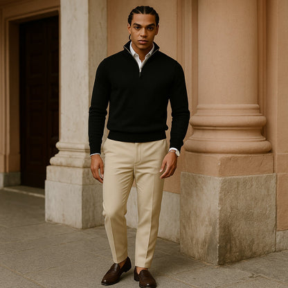 Men's Cashmere Pullover Jumper with Half Zip and Long Sleeves