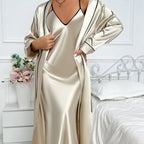 Women's Long Sleeve Robe & Slip Dress Pyjama Set | Relaxed Fit for Lounging & Sleepwear
