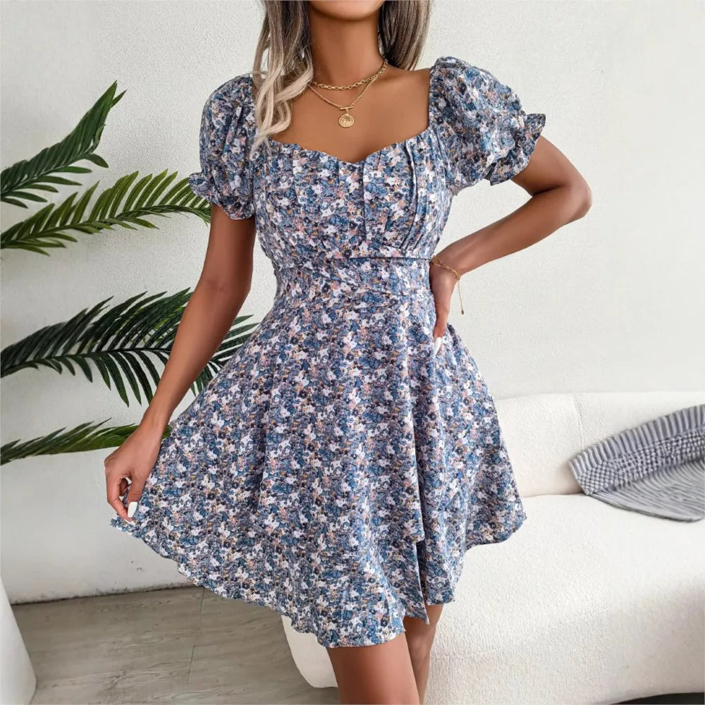 Women’s Floral Short Sleeve Mini Dress | Lace-Up Waist, Flowy Fit & Ideal for Casual Gatherings