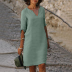Linen Summer Dress | V-Neck, Comfortable Short Sleeves & Breathable Fabric for Everyday Wear