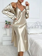 Women's Long Sleeve Robe & Slip Dress Pyjama Set | Relaxed Fit for Lounging & Sleepwear