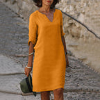 Linen Summer Dress | V-Neck, Comfortable Short Sleeves & Breathable Fabric for Everyday Wear