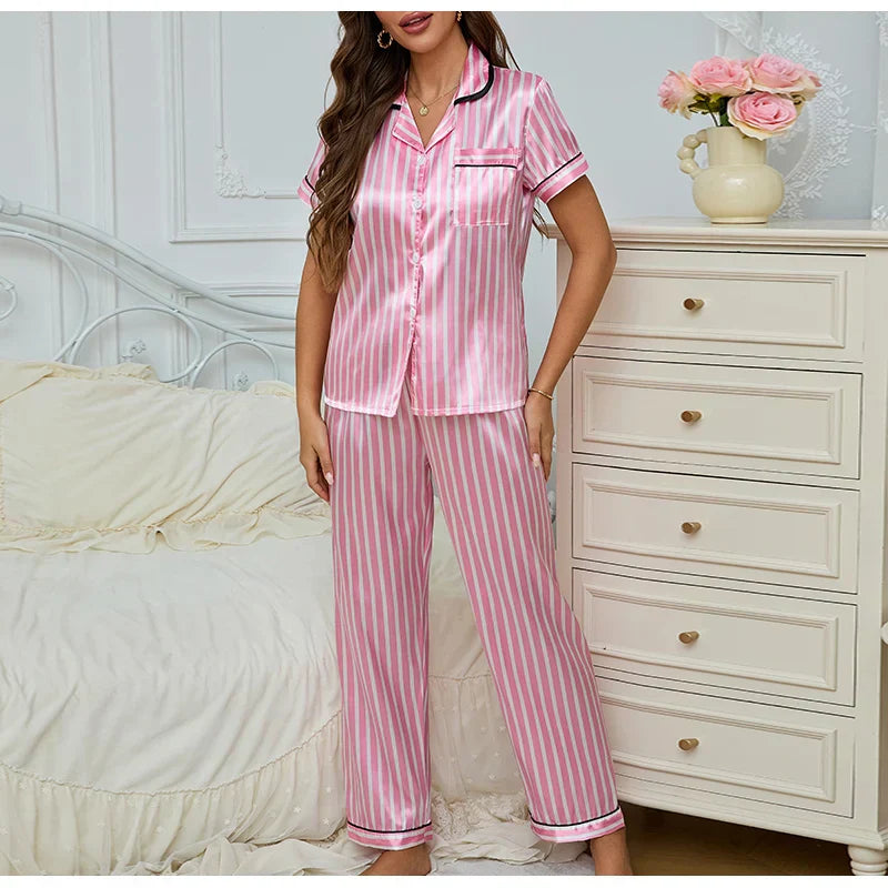 Women's Striped Pyjama Set | Pink Button-Up Shirt & Relaxed Trousers for Comfortable Lounging