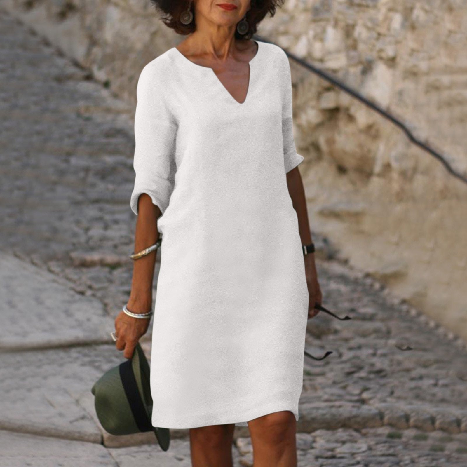 Linen Summer Dress | V-Neck, Comfortable Short Sleeves & Breathable Fabric for Everyday Wear