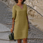 Linen Summer Dress | V-Neck, Comfortable Short Sleeves & Breathable Fabric for Everyday Wear