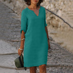 Linen Summer Dress | V-Neck, Comfortable Short Sleeves & Breathable Fabric for Everyday Wear