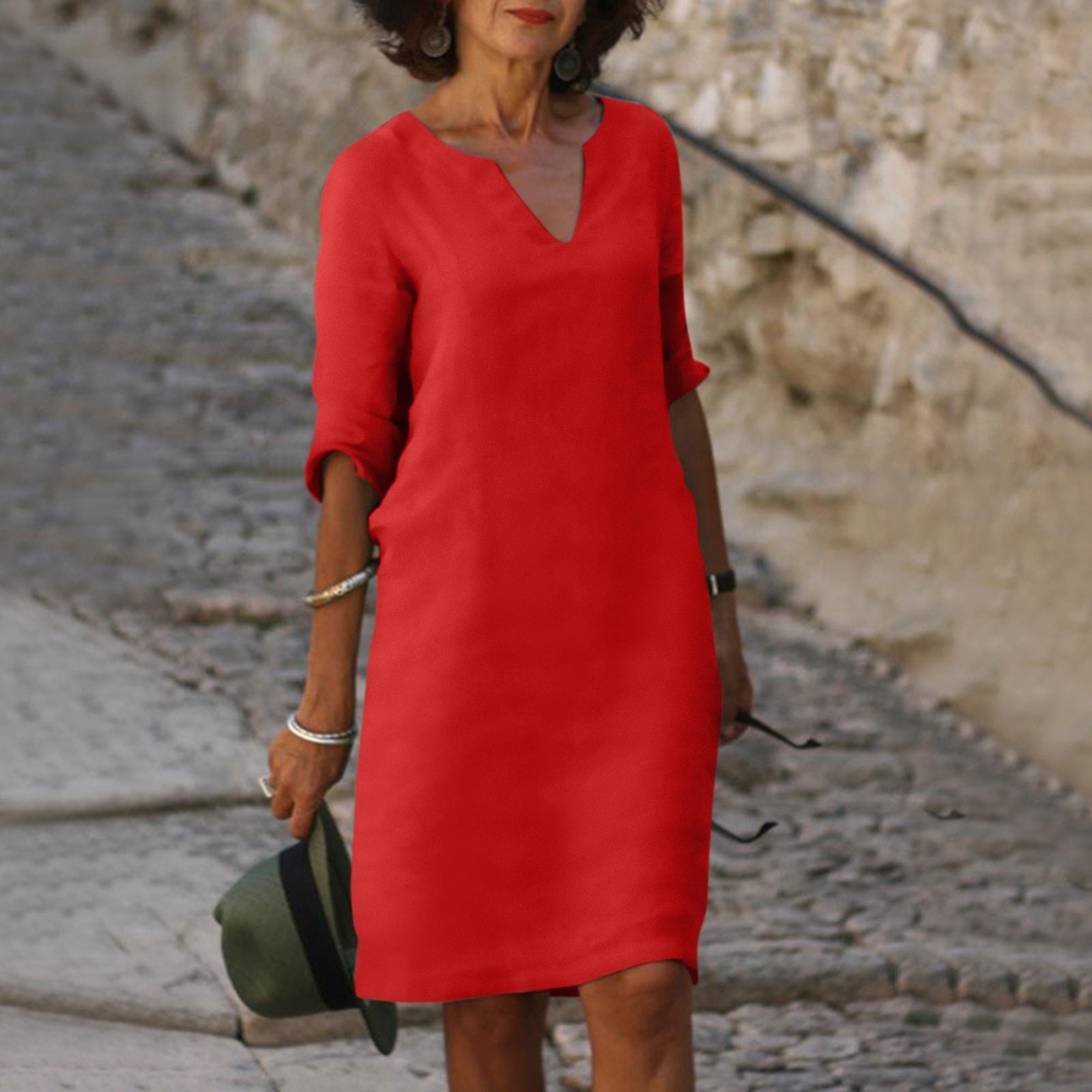 Linen Summer Dress | V-Neck, Comfortable Short Sleeves & Breathable Fabric for Everyday Wear