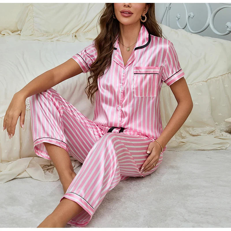 Women's Striped Pyjama Set | Pink Button-Up Shirt & Relaxed Trousers for Comfortable Lounging