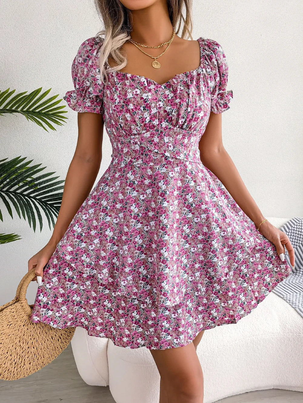 Women’s Floral Short Sleeve Mini Dress | Lace-Up Waist, Flowy Fit & Ideal for Casual Gatherings