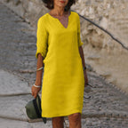 Linen Summer Dress | V-Neck, Comfortable Short Sleeves & Breathable Fabric for Everyday Wear