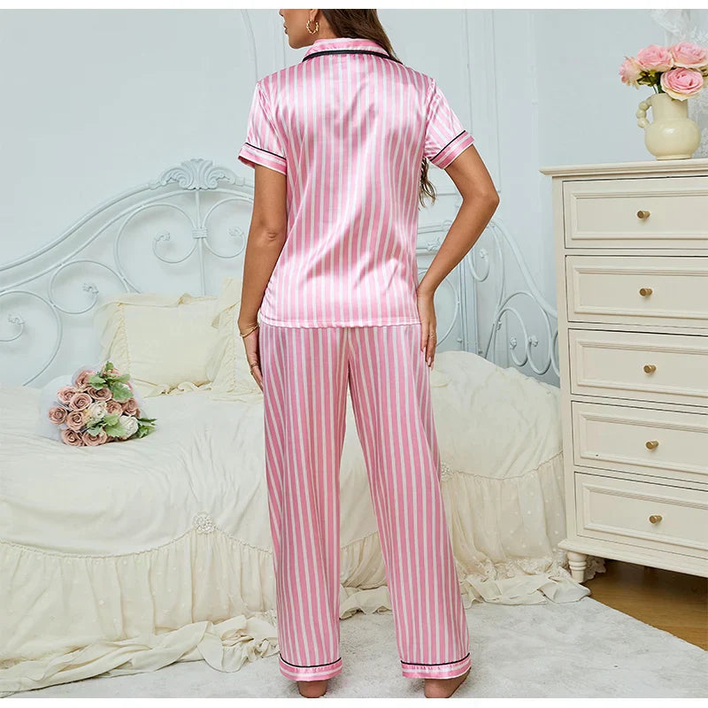 Women's Striped Pyjama Set | Pink Button-Up Shirt & Relaxed Trousers for Comfortable Lounging