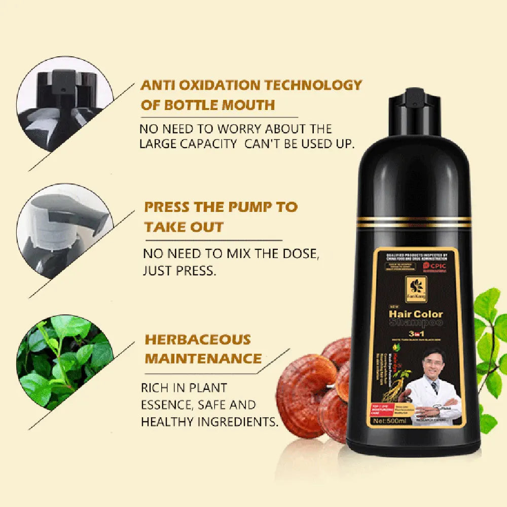 3-in-1 Black Hair Dye Shampoo for Men & Women - Long Lasting Natural Herbal Formula to Cover Gray & White Hair