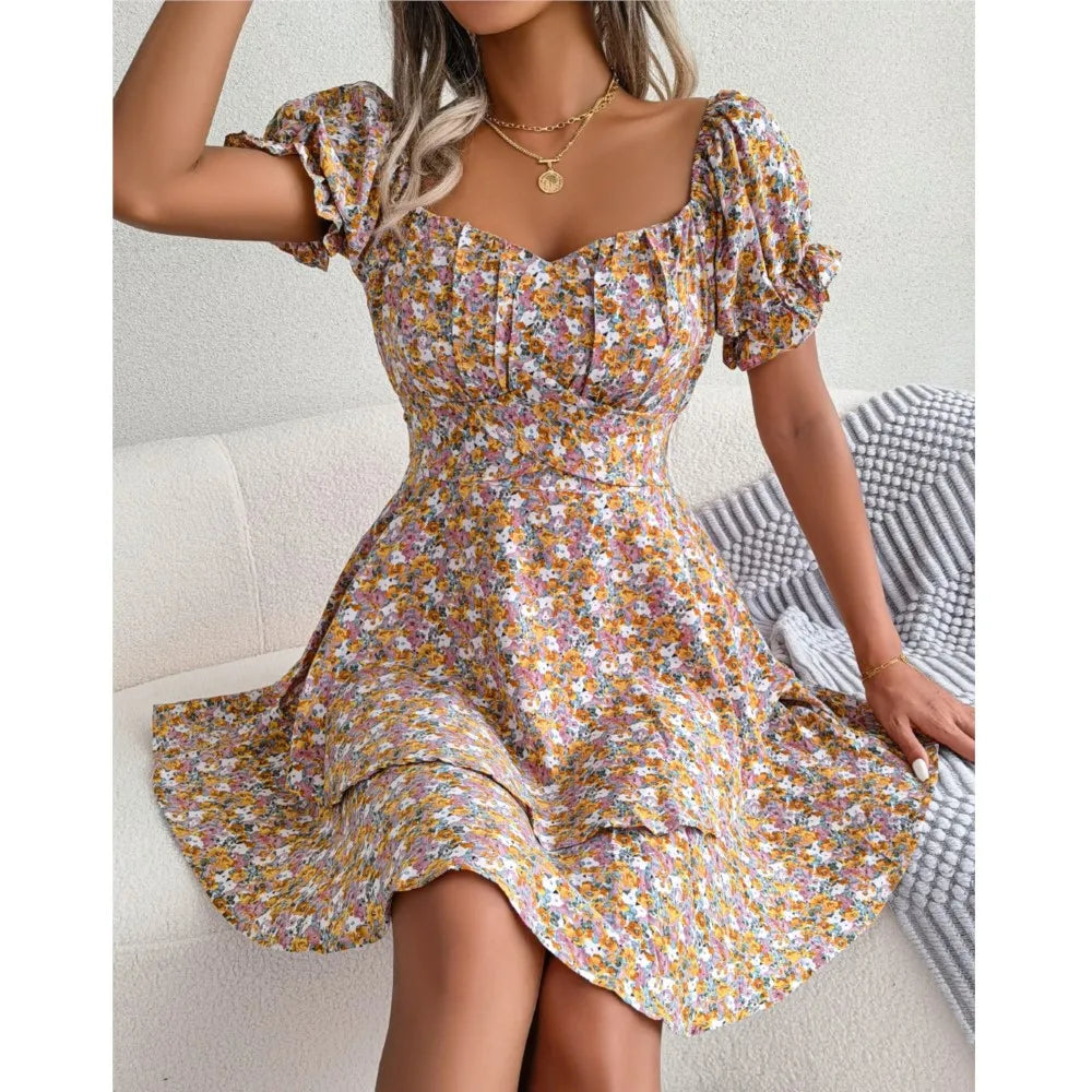 Women’s Floral Short Sleeve Mini Dress | Lace-Up Waist, Flowy Fit & Ideal for Casual Gatherings
