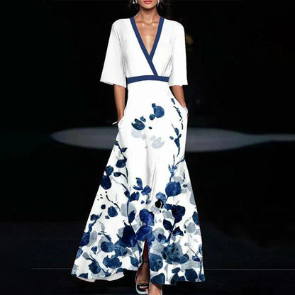 Maxi Dress | Floral Pattern, V-Neck & Three-Quarter Sleeves for Daytime and Evening Events