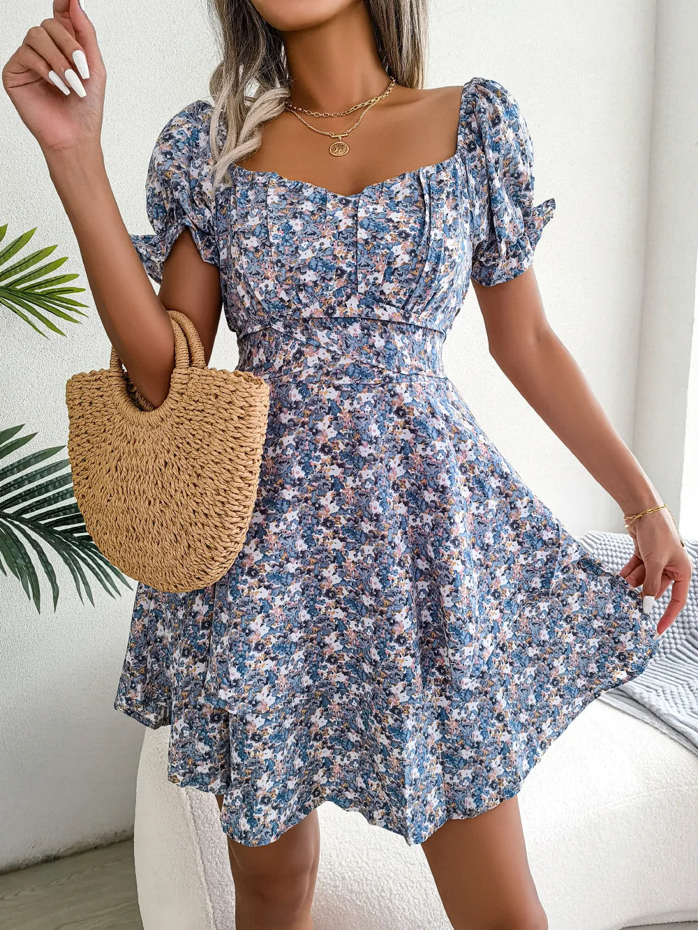 Women’s Floral Short Sleeve Mini Dress | Lace-Up Waist, Flowy Fit & Ideal for Casual Gatherings