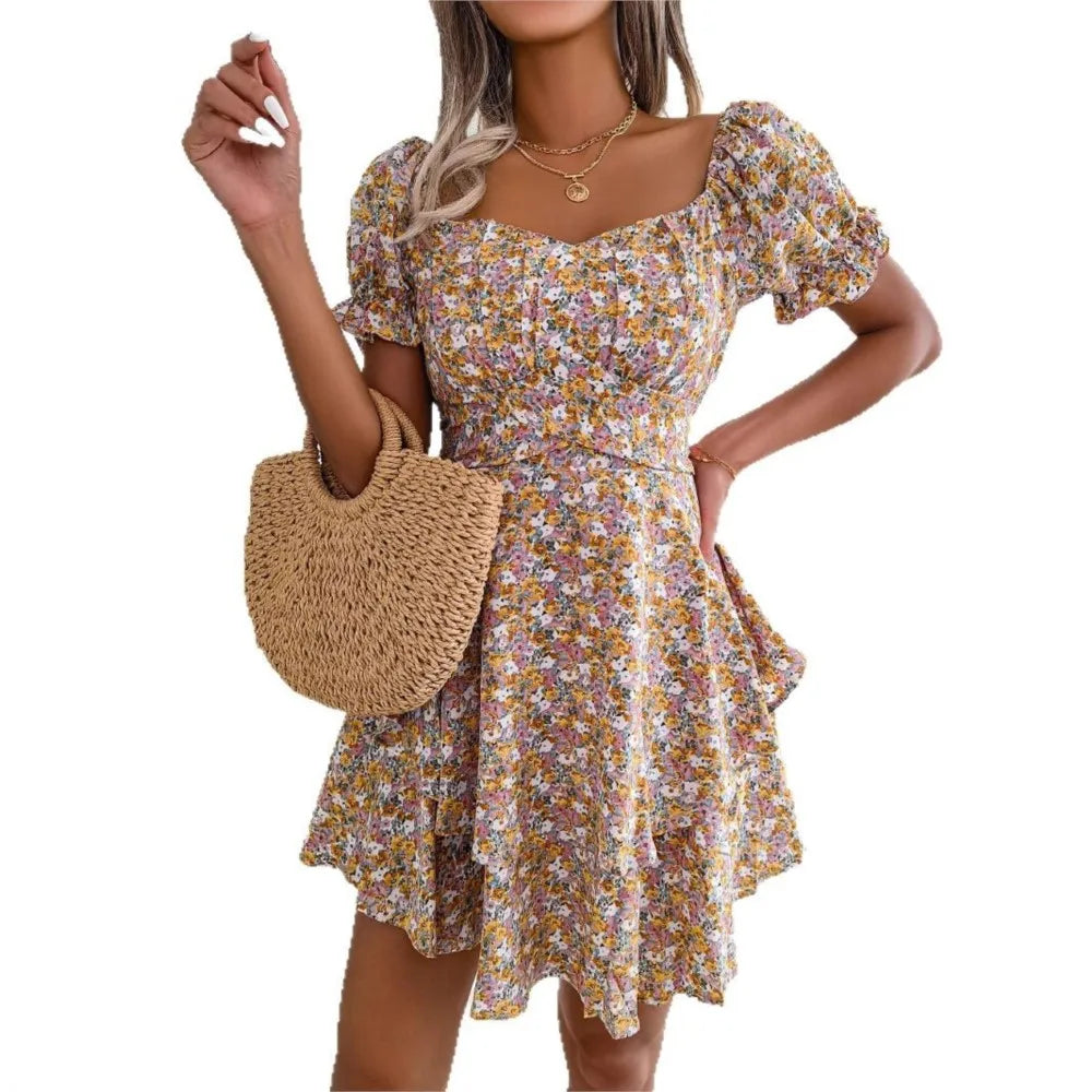 Women’s Floral Short Sleeve Mini Dress | Lace-Up Waist, Flowy Fit & Ideal for Casual Gatherings