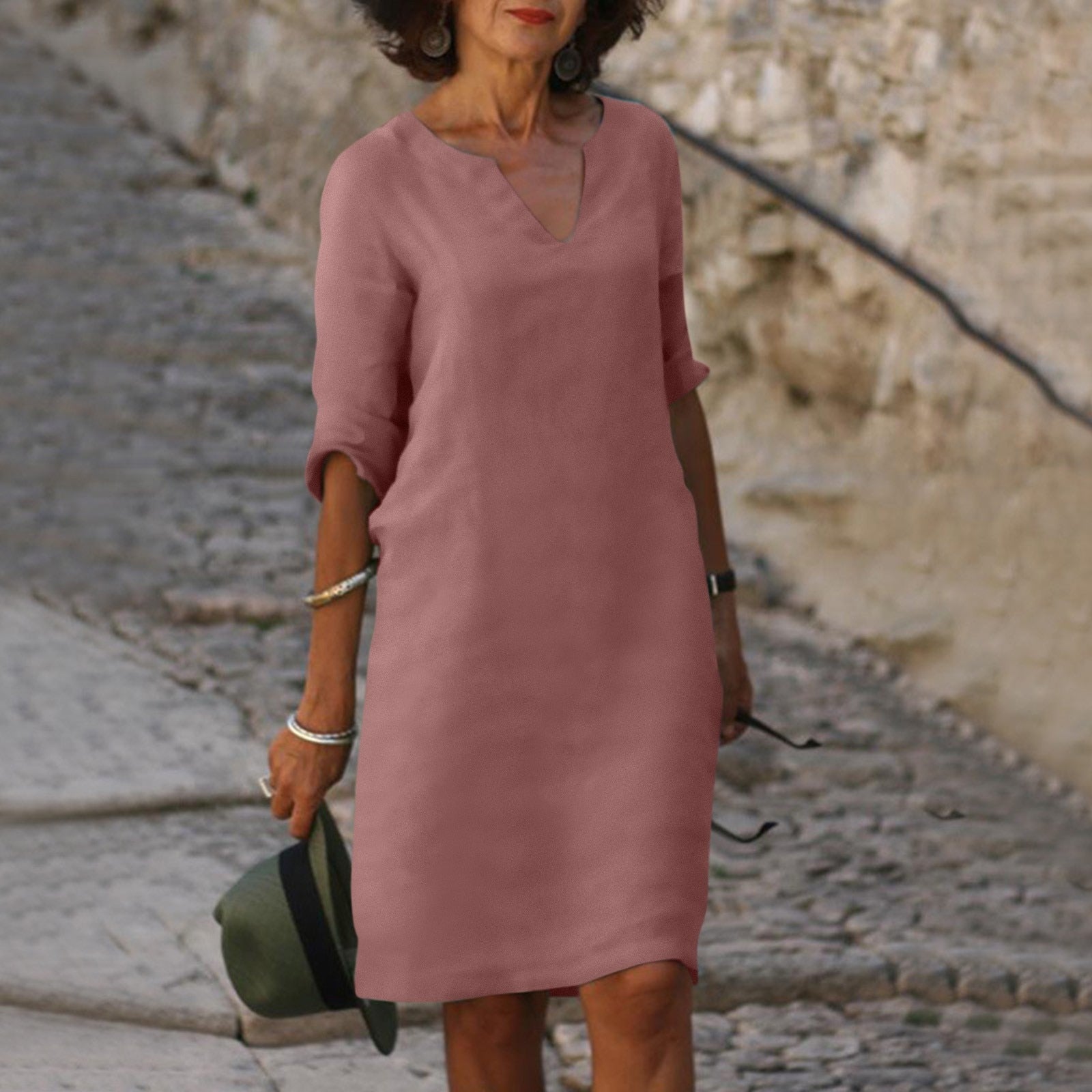Linen Summer Dress | V-Neck, Comfortable Short Sleeves & Breathable Fabric for Everyday Wear