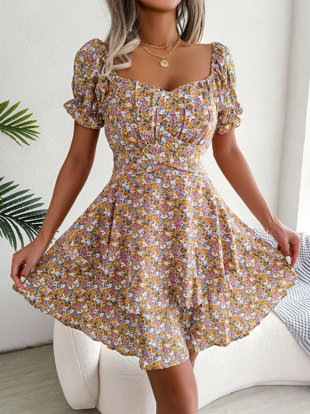 Women’s Floral Short Sleeve Mini Dress | Lace-Up Waist, Flowy Fit & Ideal for Casual Gatherings