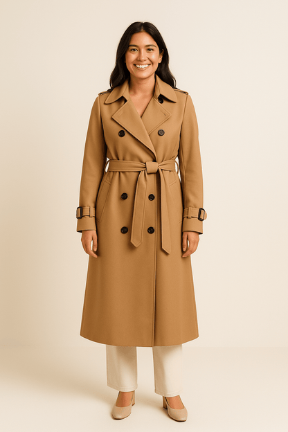 Women's Double-Breasted Trench Coat with Belted Waist - Classic Fit - Stylish Outerwear for All Seasons