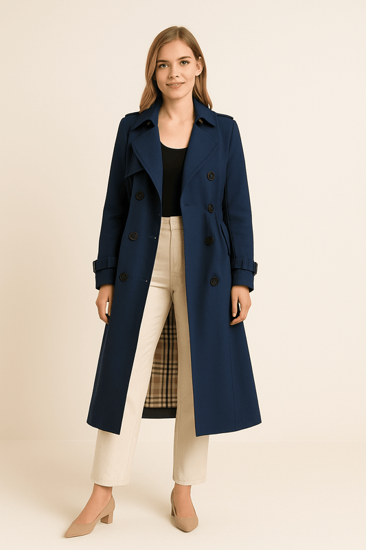 Women's Double-Breasted Trench Coat with Belted Waist - Classic Fit - Stylish Outerwear for All Seasons