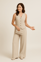 Sleeveless Linen Vest and Wide Trousers Set for Women - Cotton Casual Outfit