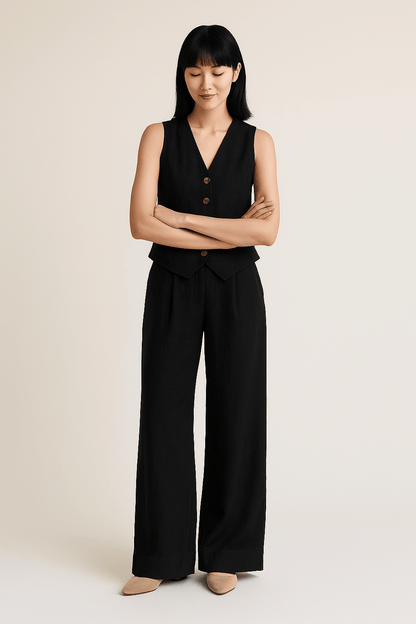 Sleeveless Linen Vest and Wide Trousers Set for Women - Cotton Casual Outfit