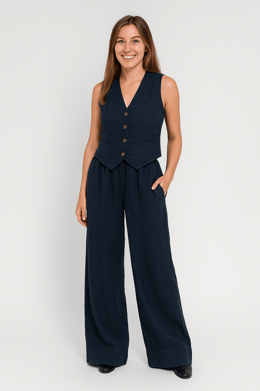 Sleeveless Linen Vest and Wide Trousers Set for Women - Cotton Casual Outfit