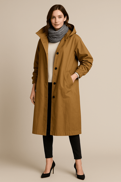 Women's Hooded Long Trench Coat with Pockets - Stylish Waterproof Outerwear for All Seasons