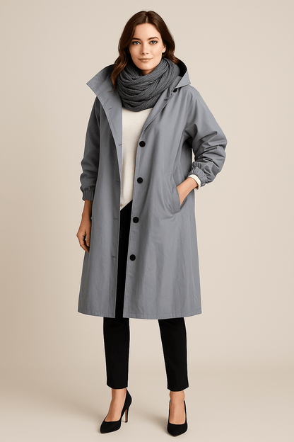 Women's Hooded Long Trench Coat with Pockets - Stylish Waterproof Outerwear for All Seasons