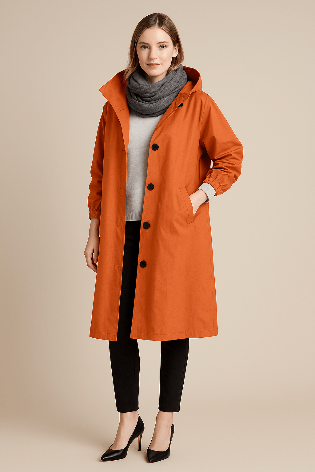 Women's Hooded Long Trench Coat with Pockets - Stylish Waterproof Outerwear for All Seasons