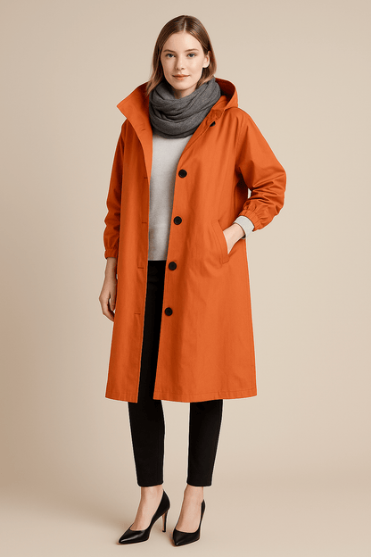 Women's Hooded Long Trench Coat with Pockets - Stylish Waterproof Outerwear for All Seasons