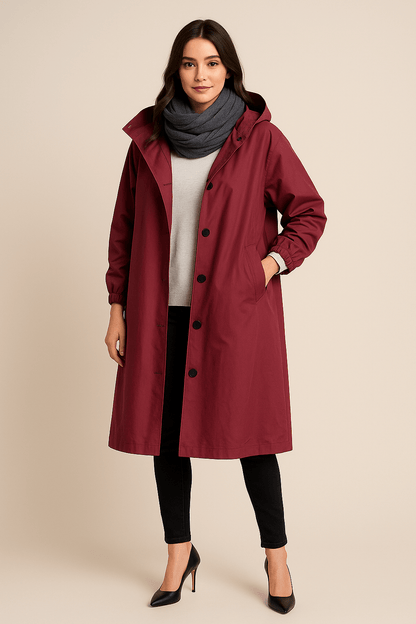 Women's Hooded Long Trench Coat with Pockets - Stylish Waterproof Outerwear for All Seasons